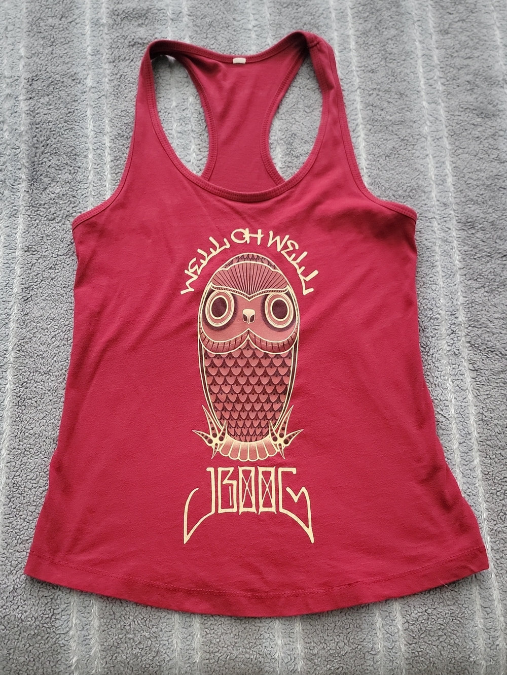 JBoog Women's Racerback Graphic Tank Top in Burgundy with Owl Print